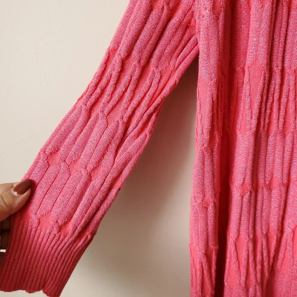 Women Pink Shimmer Long Cable Cardigan Sweater XS Career Preppy Classic Casual